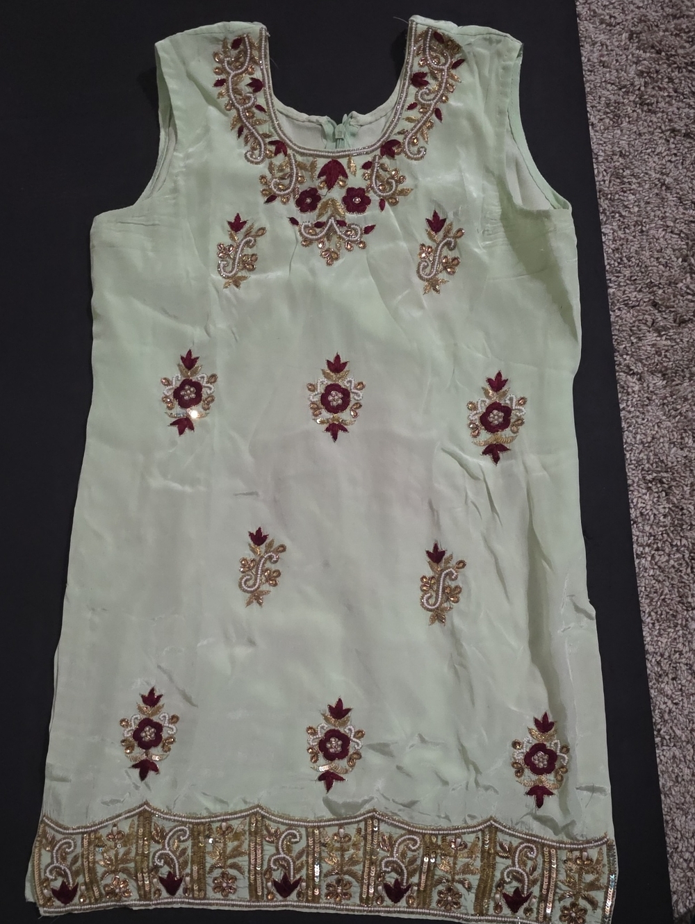 Embroidered Sleeveless Mint Green Palazzo with Maroon & Gold Accents